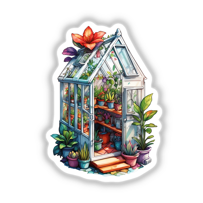 Greenhouse Garden Sticker featuring a charming cartoon of a greenhouse filled with fresh plants and blooming flowers, embodying Decal Venue's unique artistic flair. Available as stickers or digital artwork.