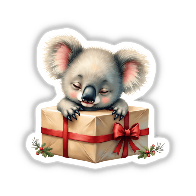 Baby Koala Sleeping on Christmas Present Box, depicted as a cartoonish koala resting atop a wrapped gift, available as stickers or digital artwork, reflecting Decal Venue's unique style.