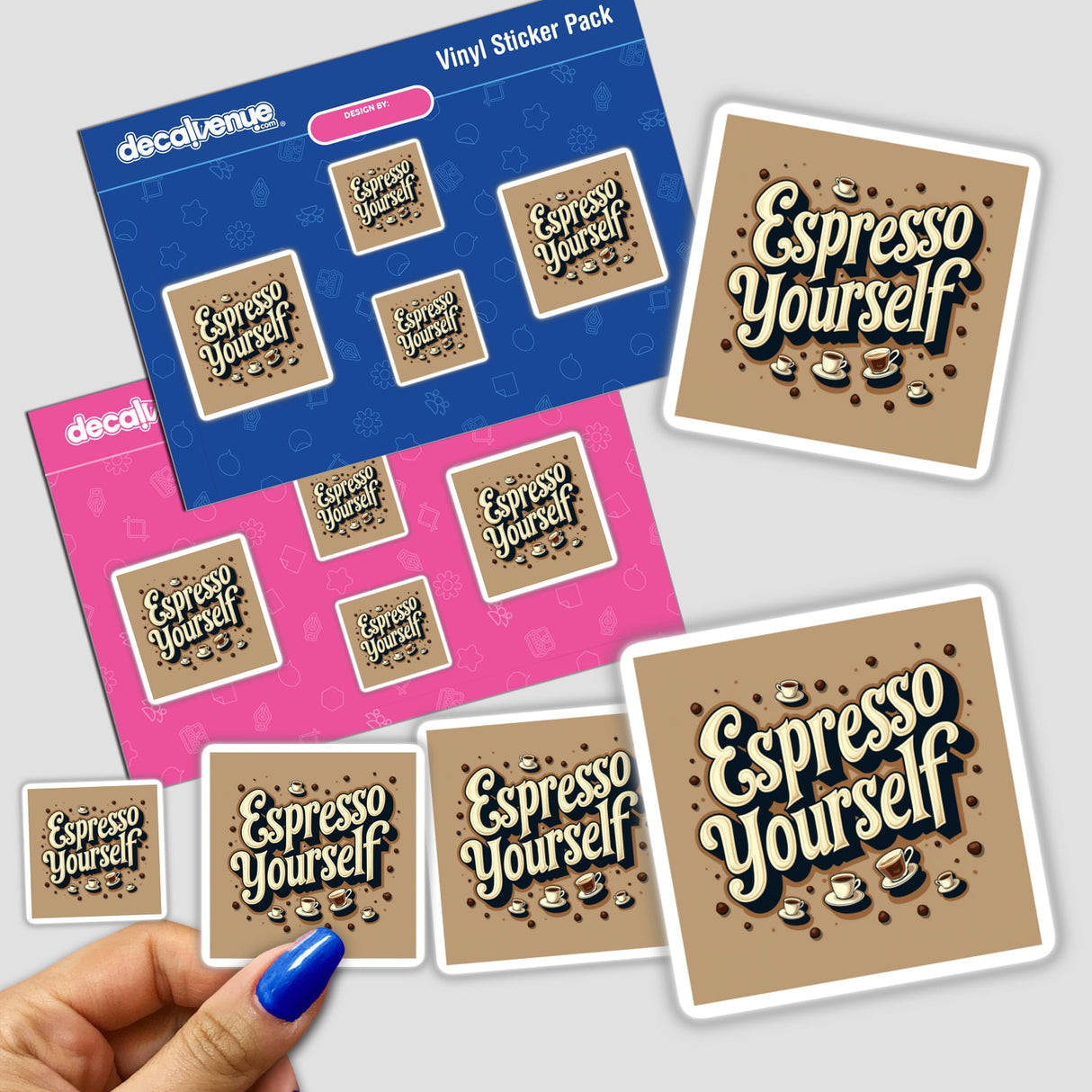 Espresso Yourself Sticker pack held in hand, showcasing coffee-themed designs. Available as stickers or downloadable clipart, ideal for espresso fans and digital art enthusiasts.