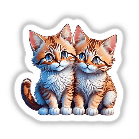 Adorable twin kittens with vibrant orange and white fur, big blue eyes, and curious expressions displayed in the product image.