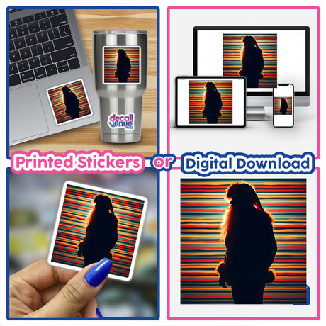 Santa Silhouette with Vibrant Stripes Christmas sticker or digital artwork featuring multiple silhouettes of Santa in various poses, including fur hats and festive elements.