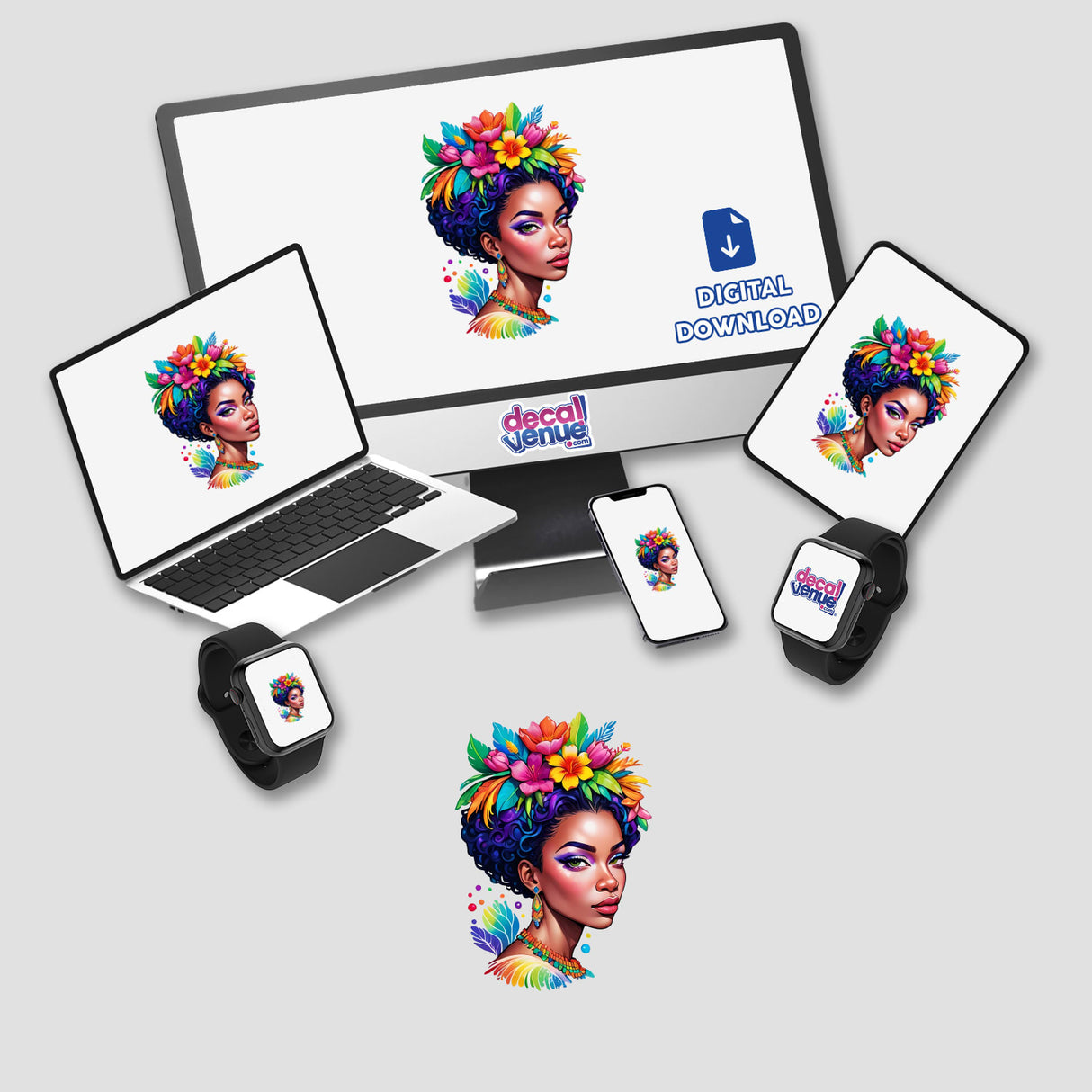 Regal African Queen Flower Crown Sticker featuring a woman with colorful hair and flowers, displayed on various devices including a laptop and monitor. Ideal for unique boho kawaii decor.