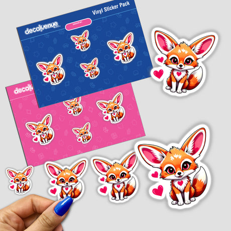 A Cute Fennec Fox With Love Hearts sticker pack featuring adorable cartoon foxes with pink ears and hearts, perfect for fans of unique stickers and digital art.