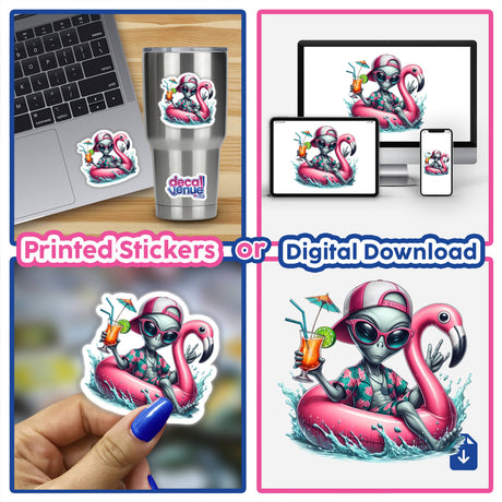 Tropical Alien Enjoying Drink on Flamingo Float featured in a collage for Decal Venue. The alien character is illustrated in various fun poses, available as stickers or digital artwork.