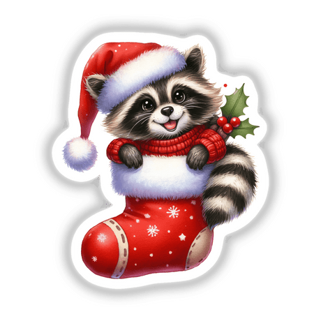 Peeking Santa Raccoon in Sweater Christmas Stocking, featuring a cartoon raccoon wearing a hat and scarf, perfect for stickers or digital artwork from Decal Venue's unique collection.