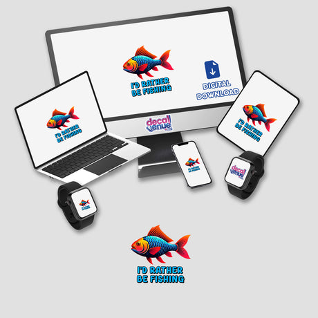 I'd Rather Be Fishing design displayed on a computer monitor and laptop, featuring a colorful fish logo, available as stickers or digital artwork.