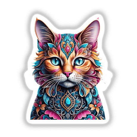 Colorful floral cat portrait with vibrant patterns and textures, depicting a feline with striking blue eyes and intricate decorative elements.