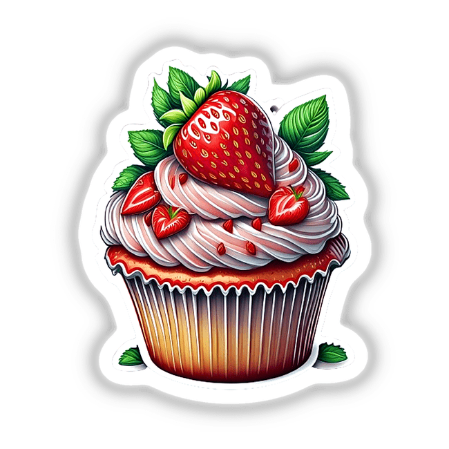 Delectable strawberry cupcake with creamy frosting and fresh berries, showcasing decadent dessert art on the Decal Venue digital marketplace.