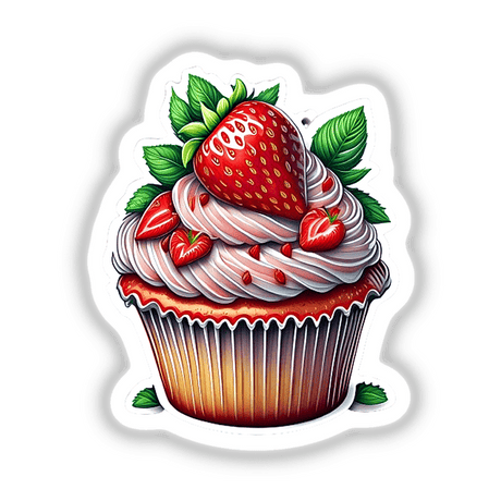 Delectable strawberry cupcake with creamy frosting and fresh berries, showcasing decadent dessert art on the Decal Venue digital marketplace.