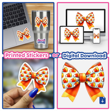 Candy Corn Pattern Coquette Bow displayed in various settings, including on a laptop and as a sticker.