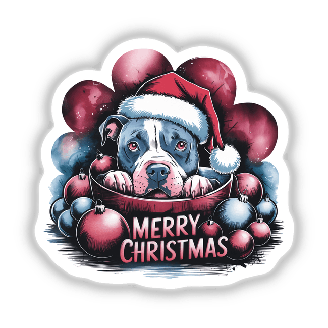 Merry Christmas Peeking Pitbull Dog sticker or digital artwork featuring a cartoon pitbull wearing a Santa hat, surrounded by festive ornaments. Perfect for holiday-themed decor or gifts.