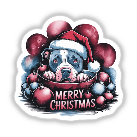 Merry Christmas Peeking Pitbull Dog sticker or digital artwork featuring a cartoon pitbull wearing a Santa hat, surrounded by festive ornaments. Perfect for holiday-themed decor or gifts.