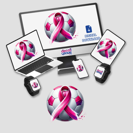 Soccer Ball Pink Ribbon Breast Cancer stickers or digital artwork featuring a laptop, monitor, and tablet displaying a pink ribbon on the screen, symbolizing breast cancer awareness.