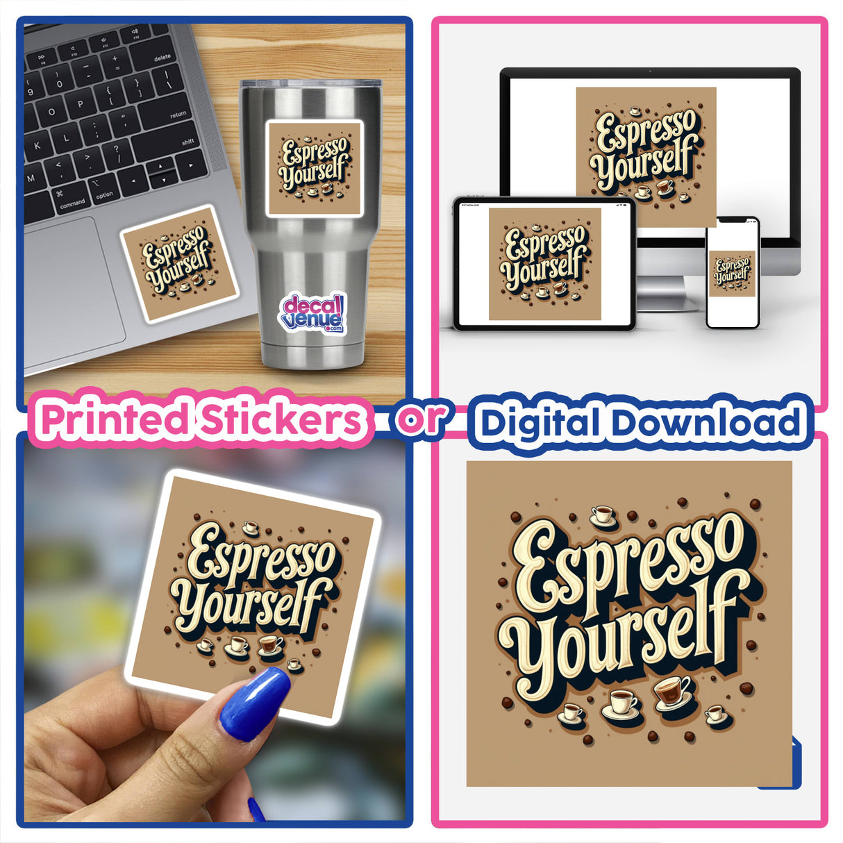 Espresso Yourself Sticker featuring a coffee-themed design, perfect for espresso fans. Available as both a physical sticker and downloadable clipart, showcasing a laptop adorned with the sticker.