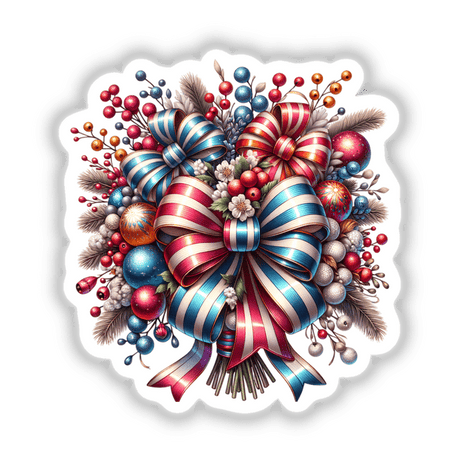 Festive Christmas Bouquet with Vibrant Striped Bow and Assorted Ornaments