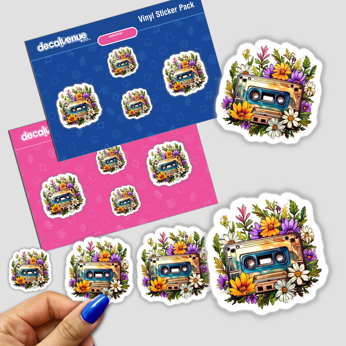 Floral cassette tape sticker pack featuring vibrant flower designs around a retro cassette tape, perfect for adding a nostalgic touch to your items. Available as stickers or digital artwork.