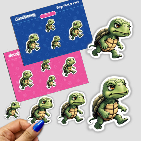 Sticker pack featuring the Adorably Grumpy Turtle with Determined Expression in various poses, perfect for personalizing items or digital use from Decal Venue.