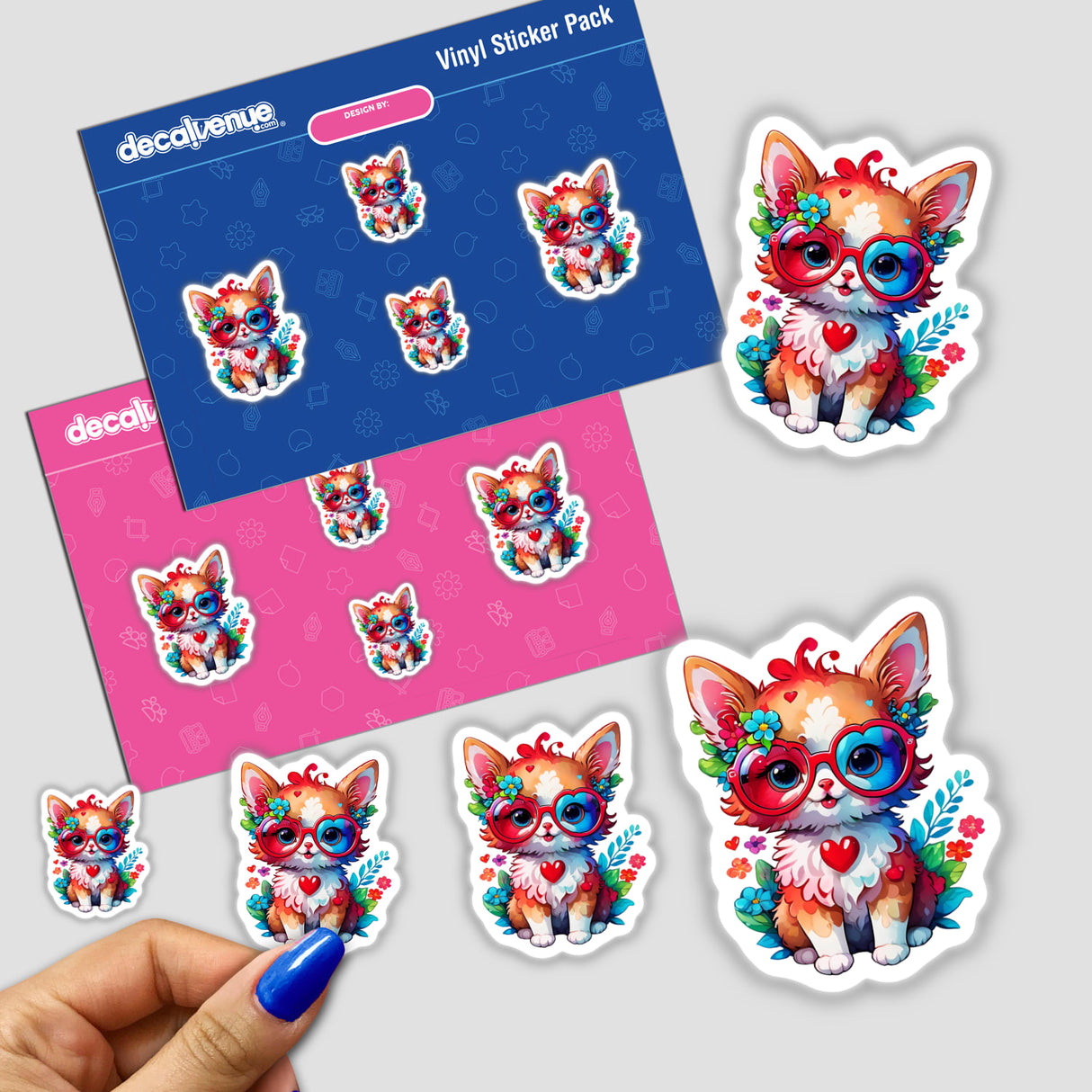 Sticker of a cute kitty wearing red heart glasses, surrounded by flowers and other cartoon animals. Available as stickers or digital artwork.