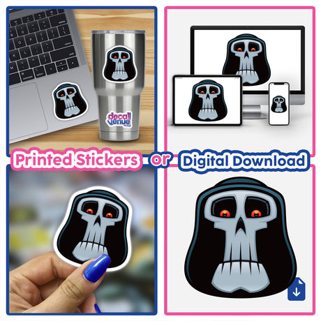 A collage featuring a laptop adorned with the Grim Reaper sticker and a hand holding the same sticker, embodying Decal Venue's unique digital art style.