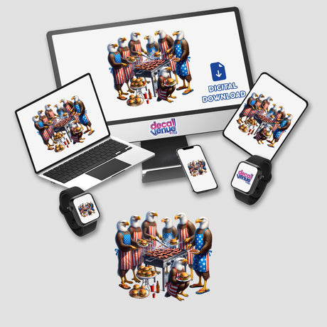 Patriotic eagle digital art with barbecue party scene across various devices and displays from Decal Venue.