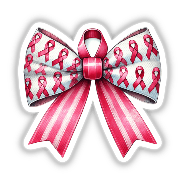 Breast Cancer Awareness Coquette Bow: A detailed close-up of a pink ribbon bow with white stripes, available as stickers or digital artwork.