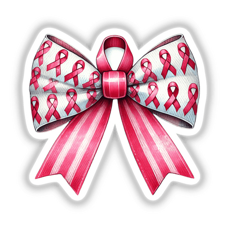 Breast Cancer Awareness Coquette Bow: A detailed close-up of a pink ribbon bow with white stripes, available as stickers or digital artwork.