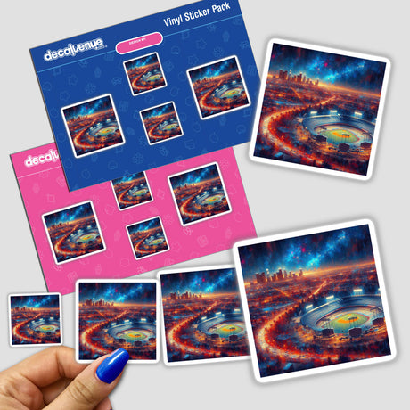 Dodger Stadium sticker pack held in hand, featuring vibrant city and stadium imagery, available as unique stickers or digital artwork from Decal Venue.