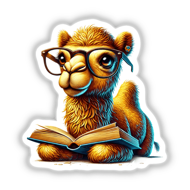 Cartoon camel in reading glasses engrossed in an open book, featured as stickers or digital artwork titled Camel in Reading Glasses Open Book from Decal Venue's unique collection.