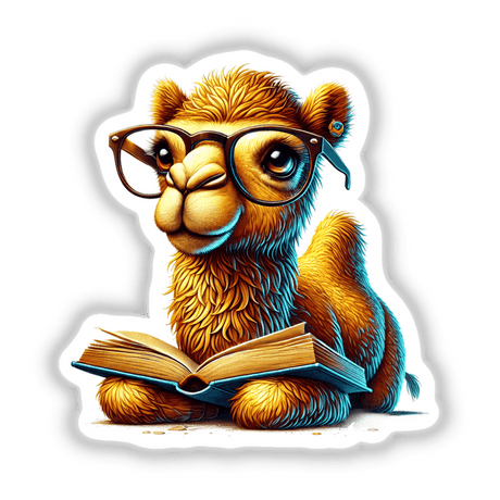 Cartoon camel in reading glasses engrossed in an open book, featured as stickers or digital artwork titled Camel in Reading Glasses Open Book from Decal Venue's unique collection.