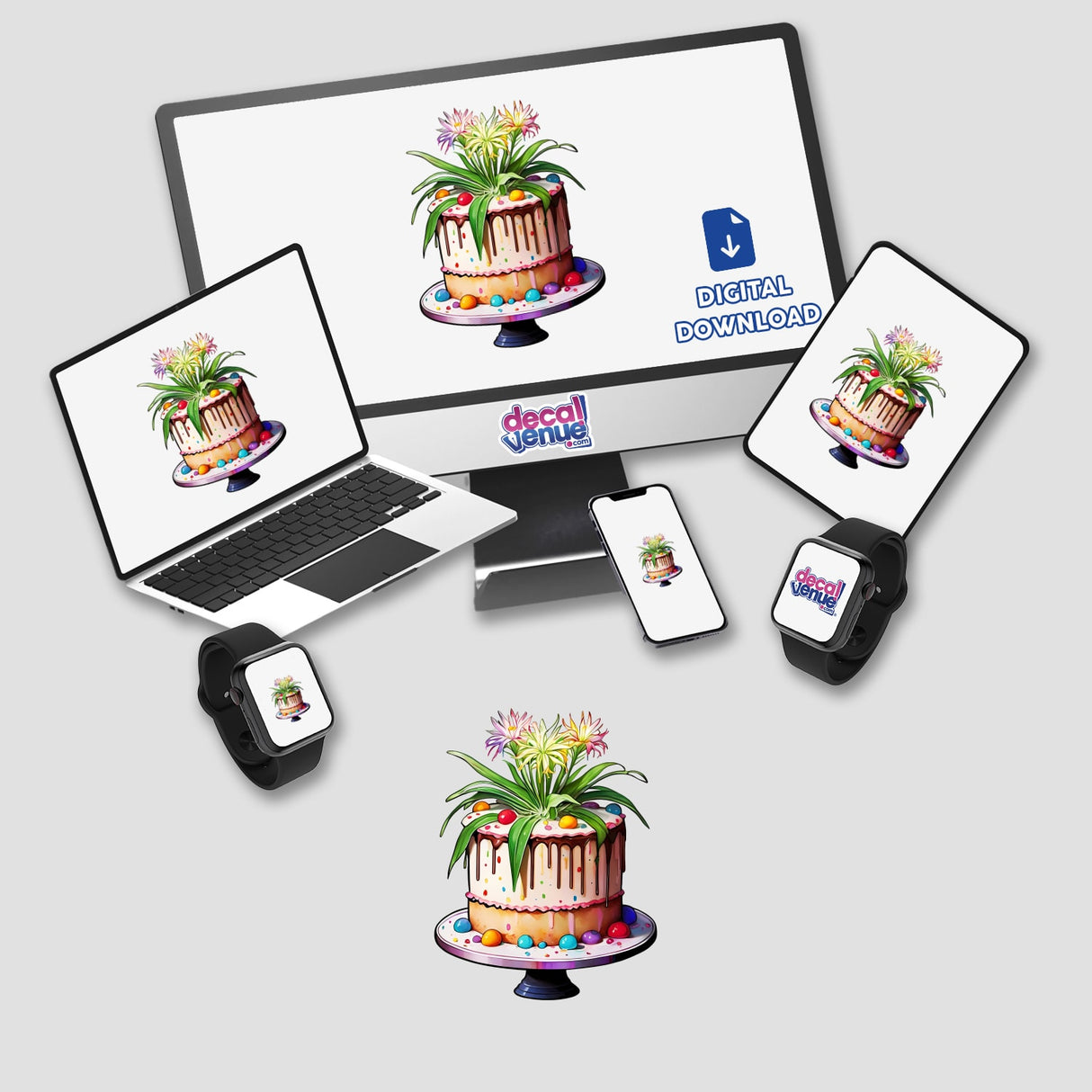 Spider Plant Cake: A Deliciously Unique Confection displayed on various digital devices including a laptop, monitor, tablet, smartphone, and smartwatch, showcasing the product's versatility as stickers or digital artwork.