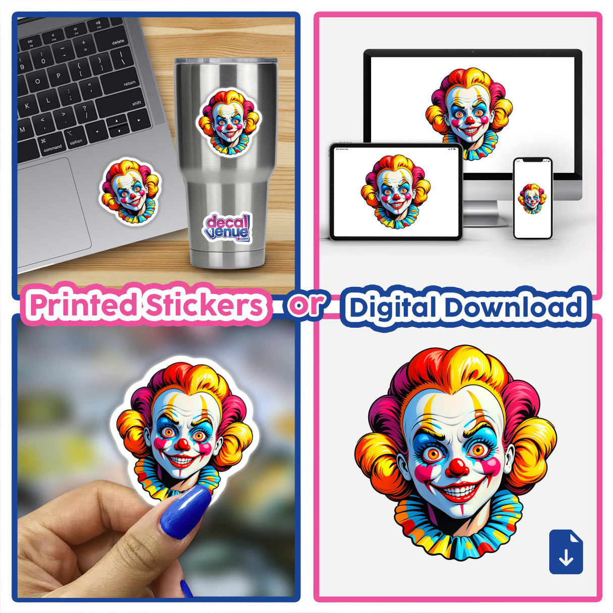 Collage featuring A Crazy Clown Girl sticker, depicting a whimsical clown cartoon. The sticker, suitable for laptops and phones, highlights Decal Venue's unique offerings of stickers and digital art.