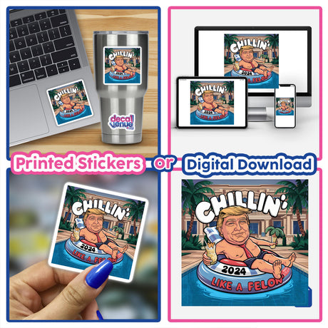 Digital artwork of Trump chilling like a felon, featuring the product title "Trump Chillin' Like a Felon IV" on various digital displays and physical merchandise such as a travel mug. The artwork depicts a caricature of former president Donald Trump in a relaxed, casual pose. This digital download or printed sticker product is available from the Decal Venue store, which specializes in unique stickers and digital art created by talented designers.