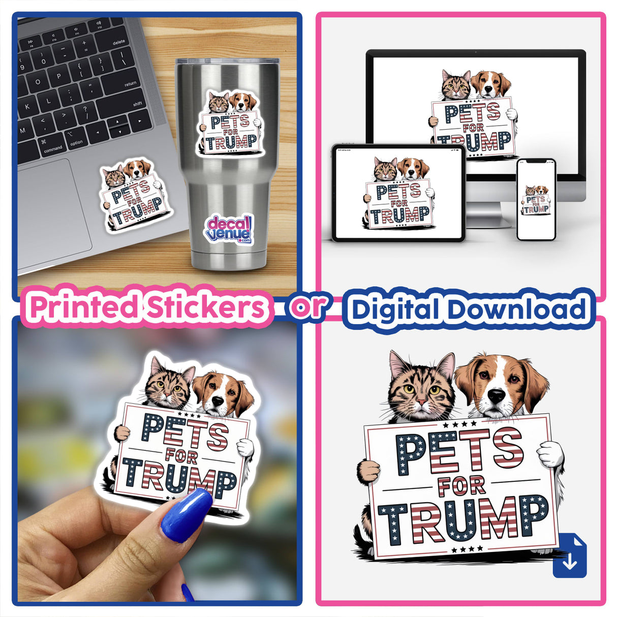 Pets for Trump Cat and Dog MAGA Make Pets Great Again sticker displayed on a laptop, featuring a cartoon cat and dog holding a sign.