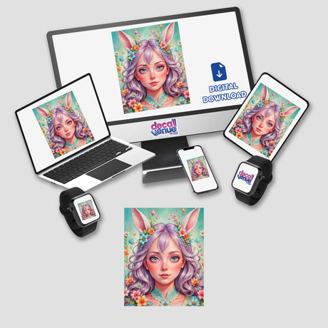 A Cute Easter Bunny Girl illustration displayed on a computer monitor and laptop, available as stickers or digital artwork, featuring a cartoon girl with bunny ears and flowers.