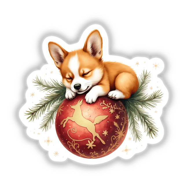 Cute Corgi Sleeping on Christmas Ornament, available as stickers or digital artwork, featuring a small corgi peacefully lying on a festive ornament.