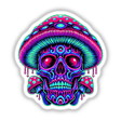 Psychedelic Skull Mushroom - Neon Trippy Dripping design featuring a colorful skull adorned with mushrooms, available as stickers or digital artwork from Decal Venue.