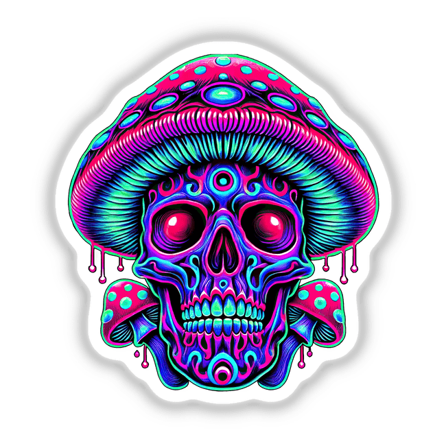 Psychedelic Skull Mushroom - Neon Trippy Dripping design featuring a colorful skull adorned with mushrooms, available as stickers or digital artwork from Decal Venue.