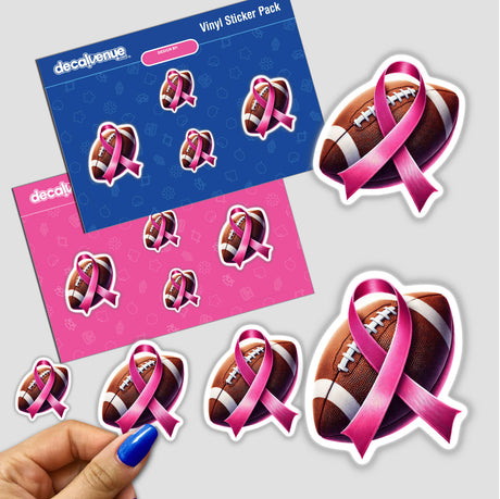 Football Pink Ribbon Breast Cancer stickers featuring pink ribbons on footballs, highlighting breast cancer awareness. Available as individual stickers or in a sticker pack.