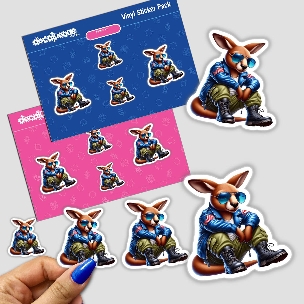 Patriotic Leather Kangaroo Aviator Sunglasses sticker featuring a cartoon kangaroo in sunglasses and a blue jacket. Available as stickers or digital artwork.