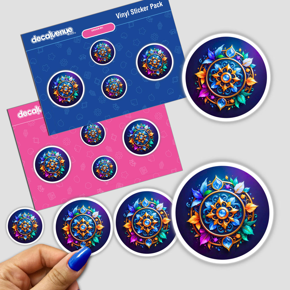 Sticker pack titled Shield of Manifestation featuring circular designs with intricate leaves and crystals, showcasing digital artistry.