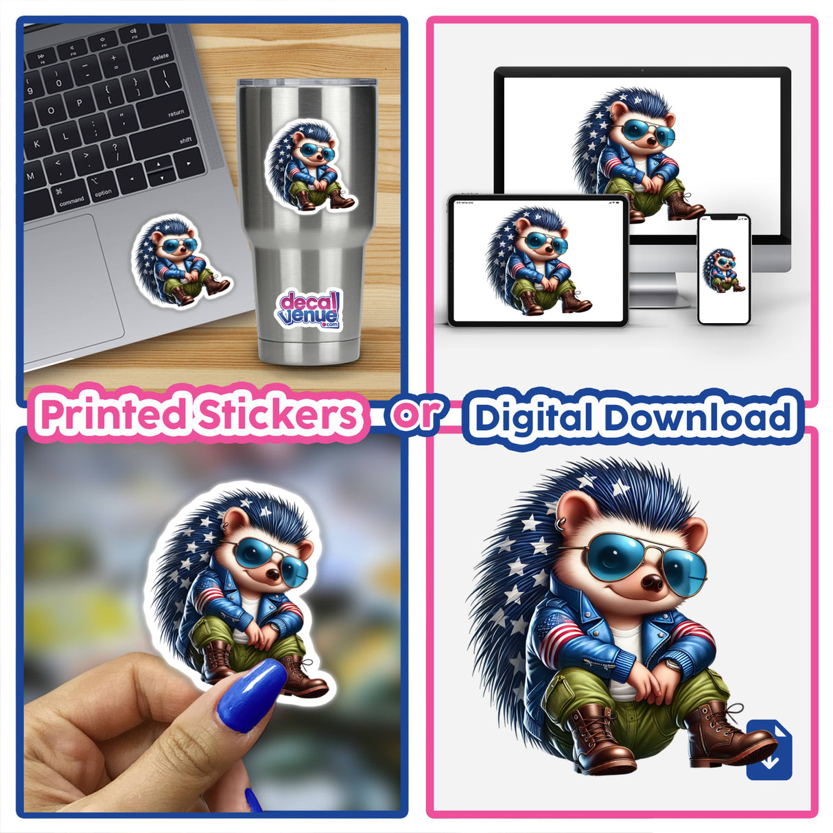 Collage featuring 'Patriotic Leather Hedgehog Aviator Sunglasses' in various stickers and digital art forms, including a cartoon hedgehog with sunglasses and a jacket, ideal for laptops and cups.