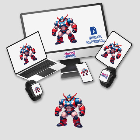 A laptop screen displaying A Cool American Flag Army Robot cartoon character, available as stickers or digital artwork from Decal Venue.