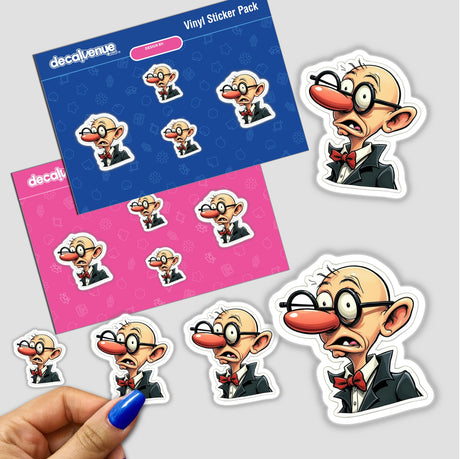 Stickers featuring Meu Narizinho cartoon character with a big nose and glasses, displayed close-up on a surface with a person's finger visible.