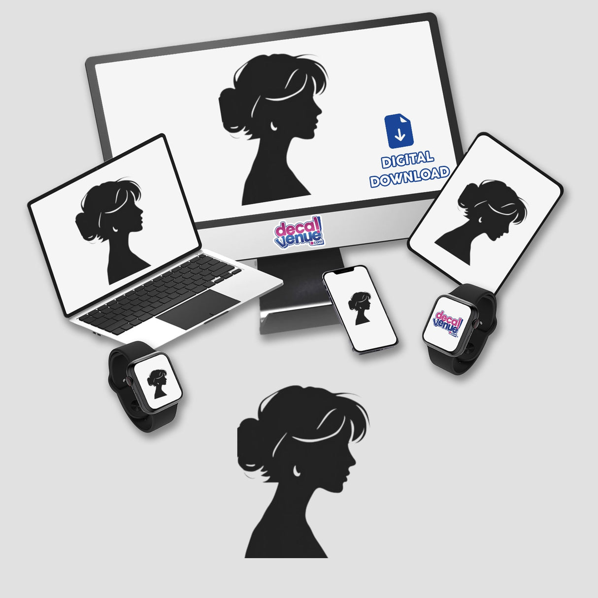 Elegant Female Silhouette - Woman Profile Clipart displayed on a computer monitor, laptop, phone, and smartwatch. Available as Stickers or Commercial Rights Download from Decal Venue.