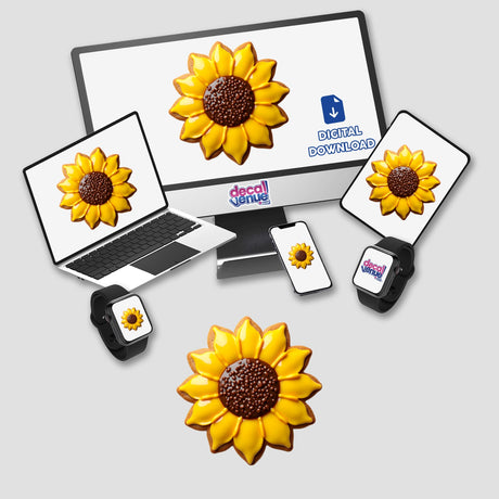 Sunflower Shaped Cookie with Yellow Petals and Brown Center displayed on a laptop and monitor screen, available as Stickers or Digital Artwork from Decal Venue.