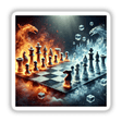 Chessboard with fire and ice pieces, featuring a dragon backdrop, from the Battle of Elements series. Available as stickers or digital artwork.