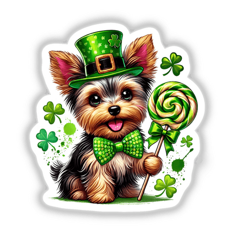 St Patrick's Irish Yorkie Dog Holding Lollipop sticker, featuring a cartoon dog in a hat and bow tie with a lollipop, available as vinyl stickers or digital artwork.