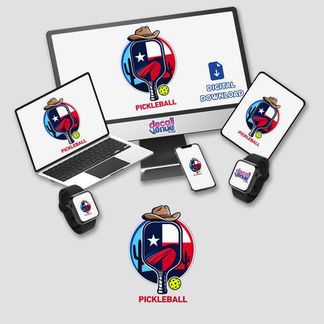 Pickleball Texas Theme Cowboy Hat Cactus design featured on a laptop screen, showcasing a logo with a cowboy hat and pickleball, available as stickers or digital artwork.