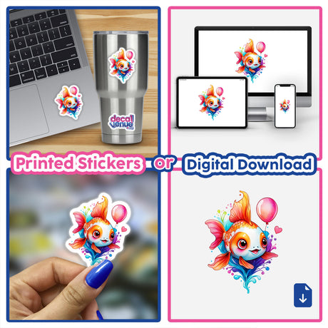 Balloon Goldfish: Cute Watercolor Vector Art Sticker collage featuring a laptop, computer screens, and a hand holding the fish sticker, emphasizing its versatility as both stickers or digital artwork.