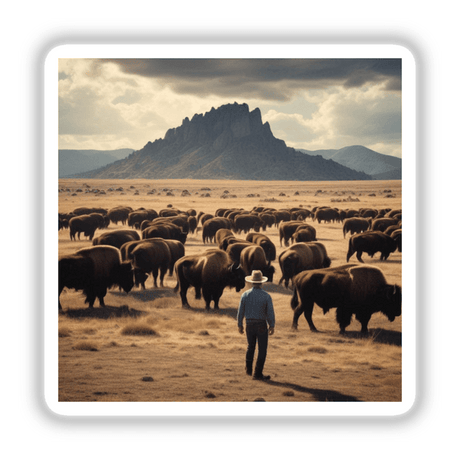 The Range: A man walks in a field with a herd of buffalo, available as unique stickers or digital artwork.